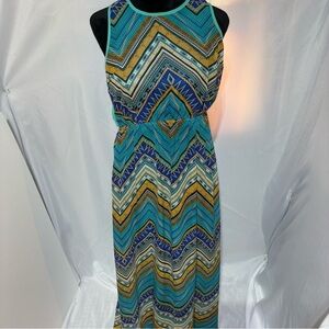 YA Los Angeles Strappy Criss- Cross Back Teal Multicolor Long Maxi Dress Sz L